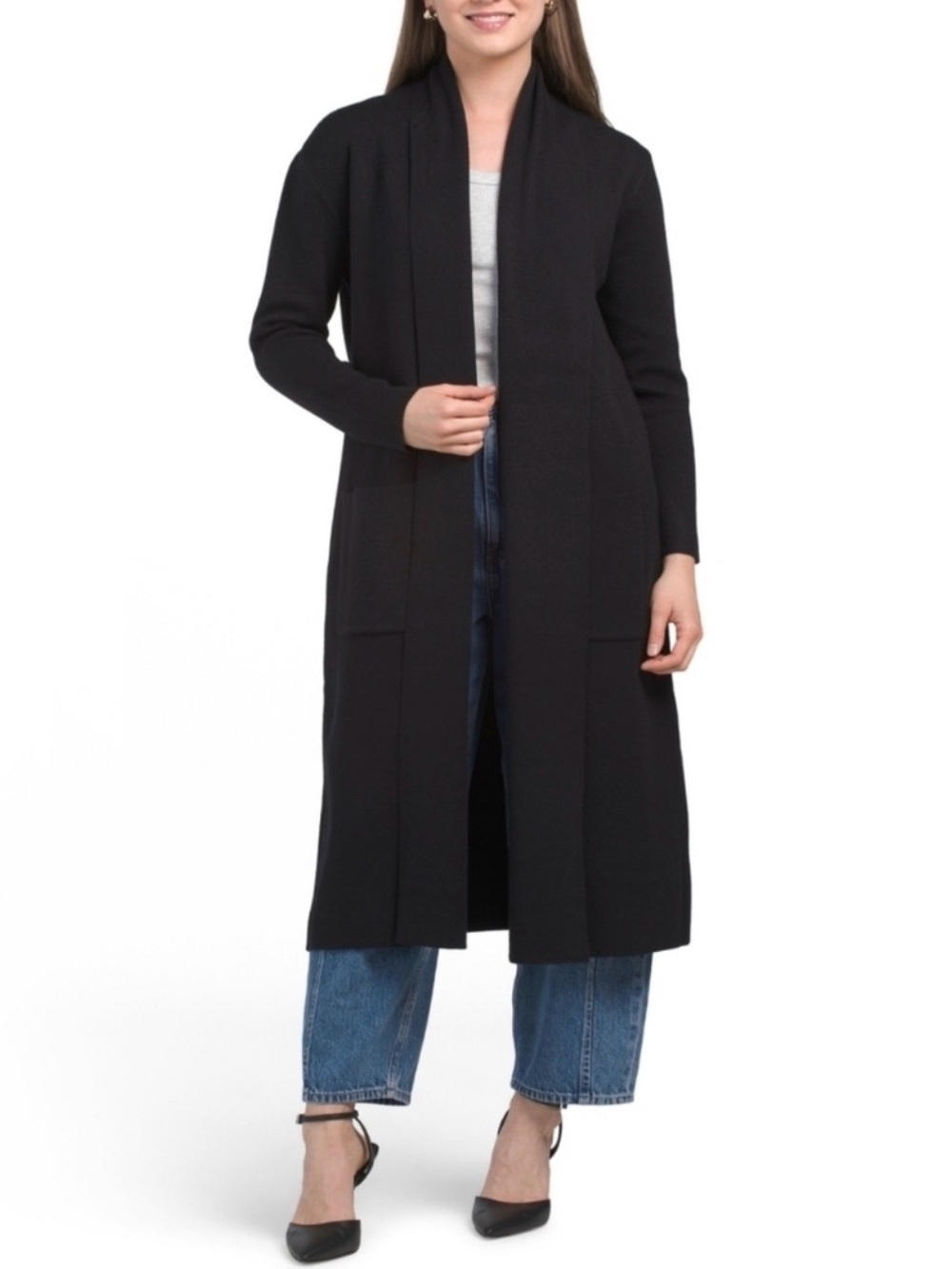 MaxMara Sport S black foldover neck open longline quiet luxury softcore cardigan